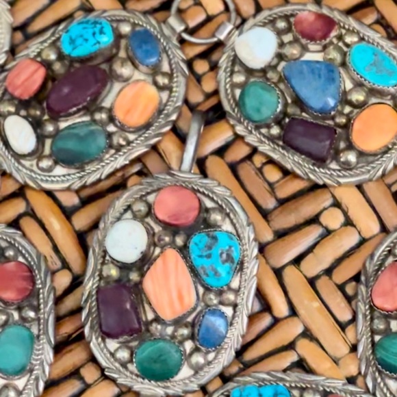 Signed Navajo multi stone Sterling Silver Concho belt - Picture 6 of 16